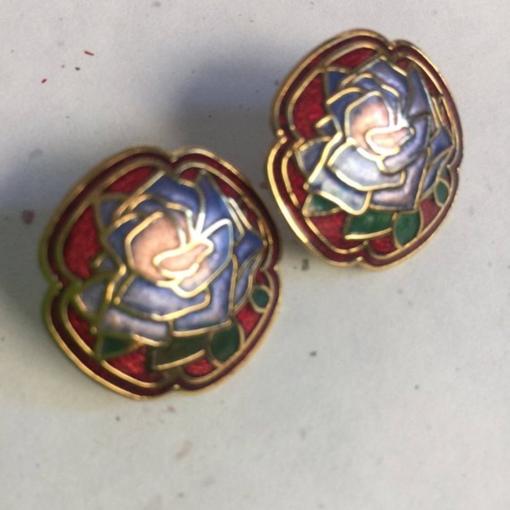 Vintage Earrings, rose cloisonné earrings